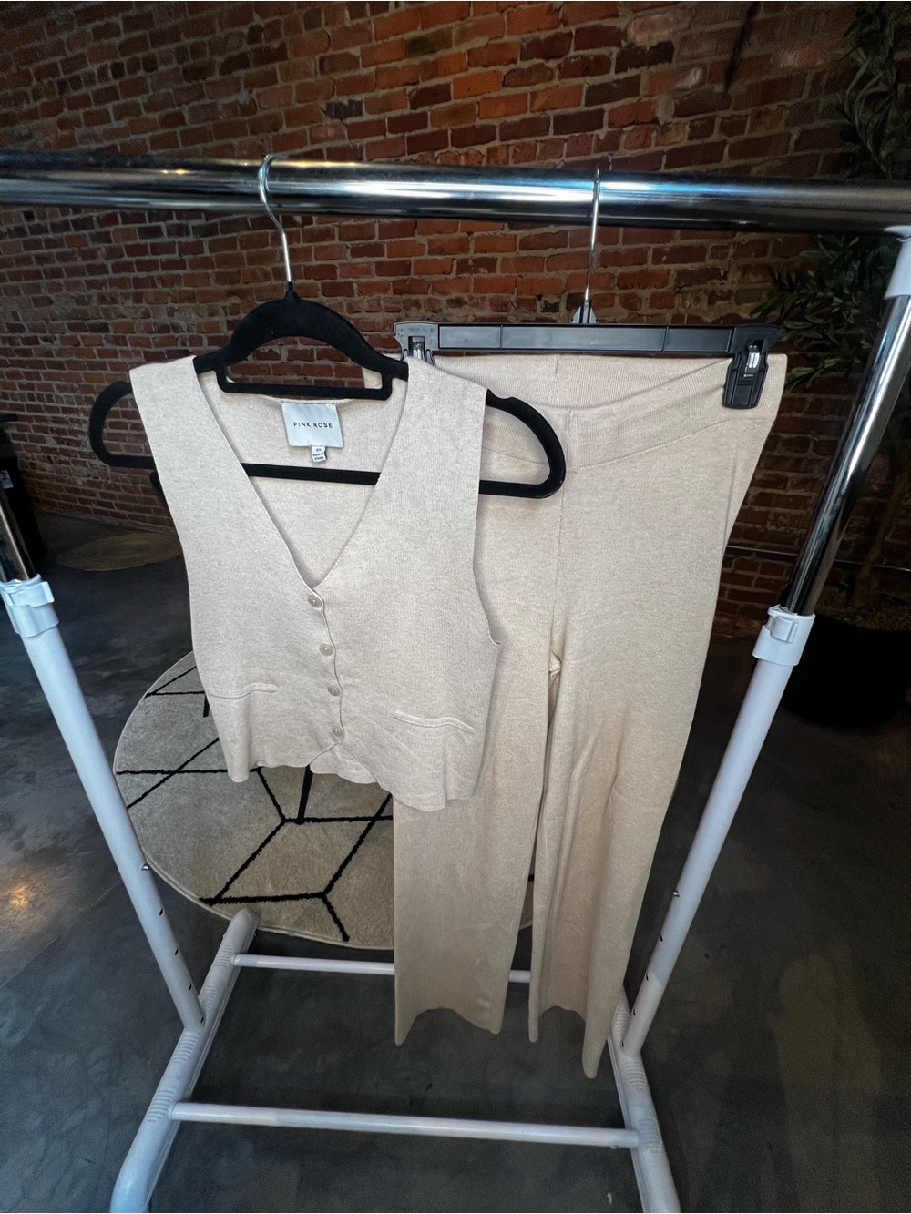 Pink Rose Cream Knit Vest & Wide-Leg Pants Lounge Set